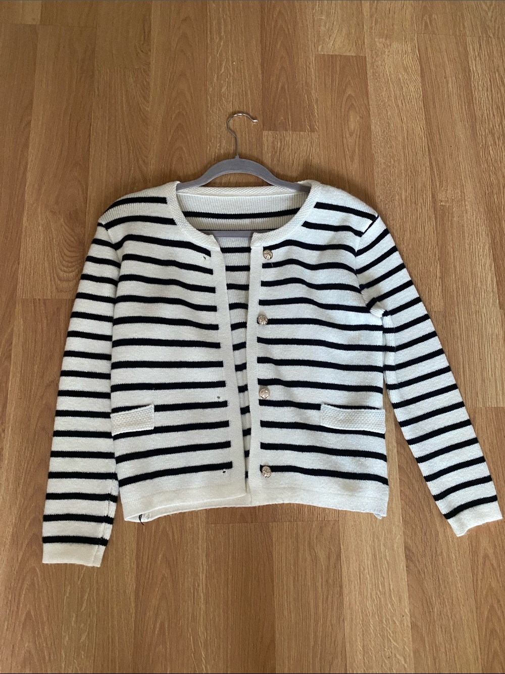 Striped Crewneck Button-Front Knit Cardigan - White & Black